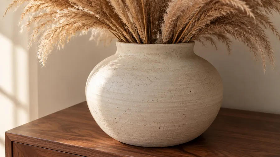 Tightly cropped photo of a ceramic vase with dried pampas grass on a walnut console table