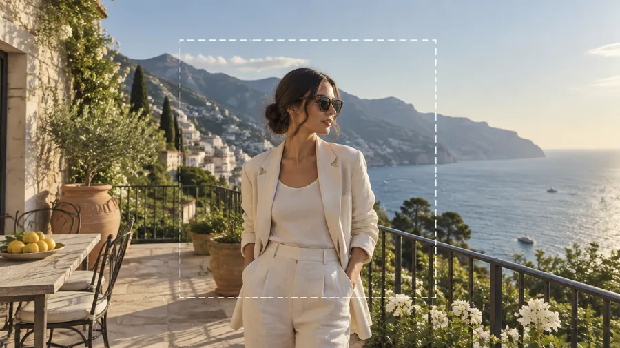 Photo of a woman on a coastal terrace with a dashed rectangle marking the smaller original crop inside the wider frame