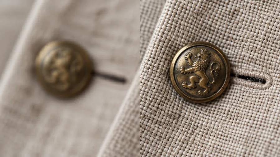 Macro photo of linen fabric and a brass button, soft on the left half and sharply detailed on the right half
