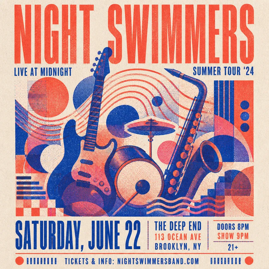 AI-generated two-color risograph gig poster for 'Night Swimmers' with overprinted blue and coral illustrations of a guitar, drums, and a saxophone and bold condensed lettering, created with getimg.ai.