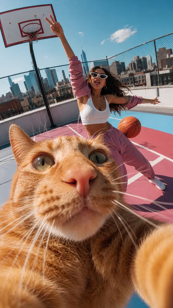 Oversized ginger cat dominating foreground like a selfie, woman in dramatic pose behind, rooftop court setting, distorted perspective, playful chaos, editorial humor, dynamic motion.