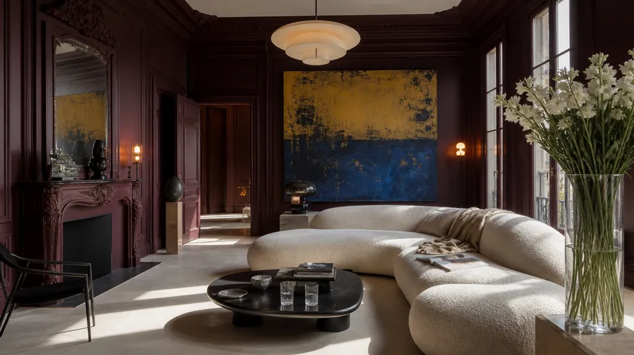 editorial photograph of an aggressively sophisticated but slightly strange Parisian apartment interior: dark oxblood lacquer walls, pale limestone floors, an enormous cream boucle sofa with exaggerated rounded proportions, a low blackened-steel coffee table, smoked-glass lamps and a single enormous abstract painting in muddy yellow and cobalt blue, one wall contains an old ornate fireplace painted the same oxblood as the walls, fresh white flowers sit in a deliberately oversized transparent acrylic vase, late afternoon sunlight cuts through tall windows and creates hard rectangular patches across the floor, while several warm lamps remain switched on. The room should feel expensive but genuinely inhabited: one magazine is open on the sofa, a cashmere throw is slightly crumpled and two glasses sit on the table, 24mm architectural editorial photography, realistic verticals, subtle lens distortion, rich material separation between lacquer, stone, boucle, glass and metal, restrained film grain, slightly desaturated luxury magazine color grading, realistic interior generated on getimg.ai