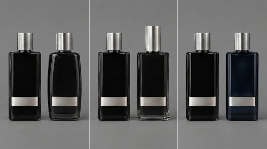 Three side-by-side pairs of the black fragrance bottle in which the proportions, cap size, and even the glass color drift (one bottle turns navy), showing the kind of product inaccuracies to catch when checking generated campaign shots. Generated with getimg.ai.