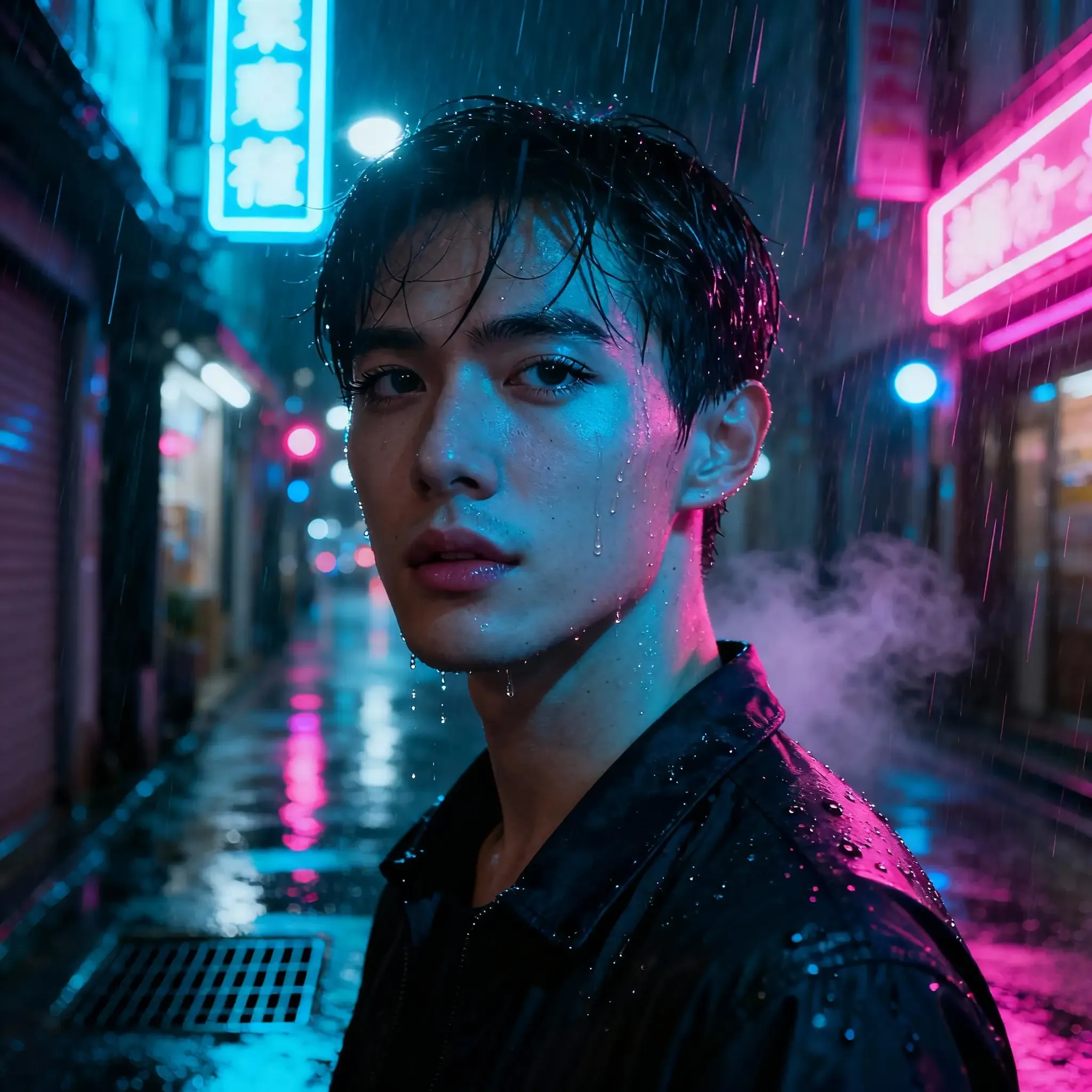 person standing in rain under neon lights