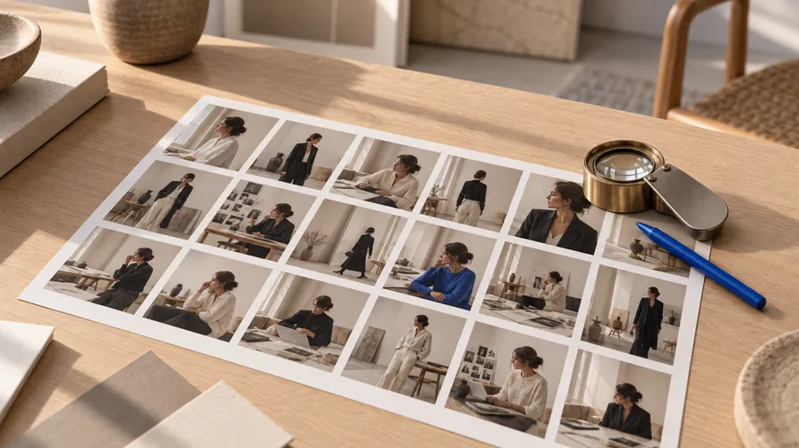an editorial photograph of a printed photo contact sheet lying on a warm oak desk in soft directional daylight: a clean grid of small thumbnails all showing the same female creative director in different outfits and settings, a featured image for a blog post about a test of AI character image consistency, generated on getimg.ai