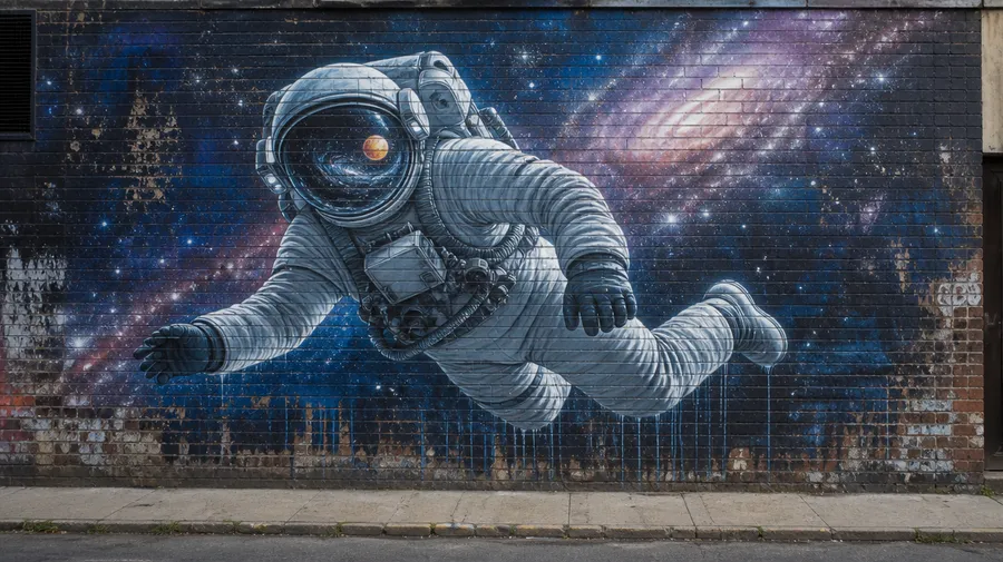 Mural of a floating astronaut against a starry galaxy painted on a brick wall, created with getimg.ai's AI graffiti generator