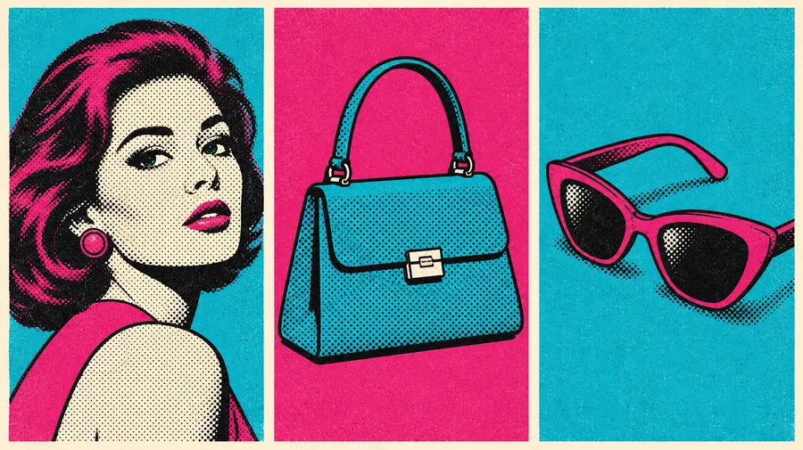 Portrait, handbag and sunglasses in one magenta, cyan and cream palette