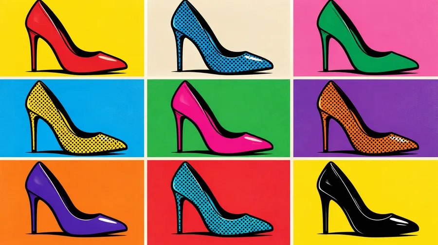 High-heeled shoe repeated nine times in a brightly coloured 3x3 pop art grid