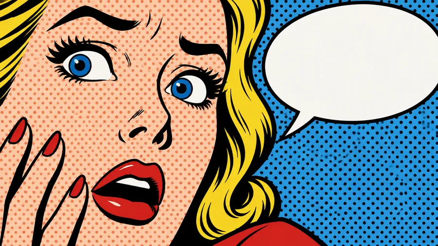 Comic panel close-up with bold outlines, dot pattern and an empty speech bubble
