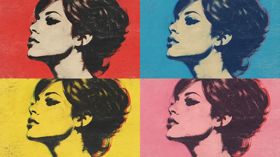 Woman's profile repeated in four panels with screenprint ink texture