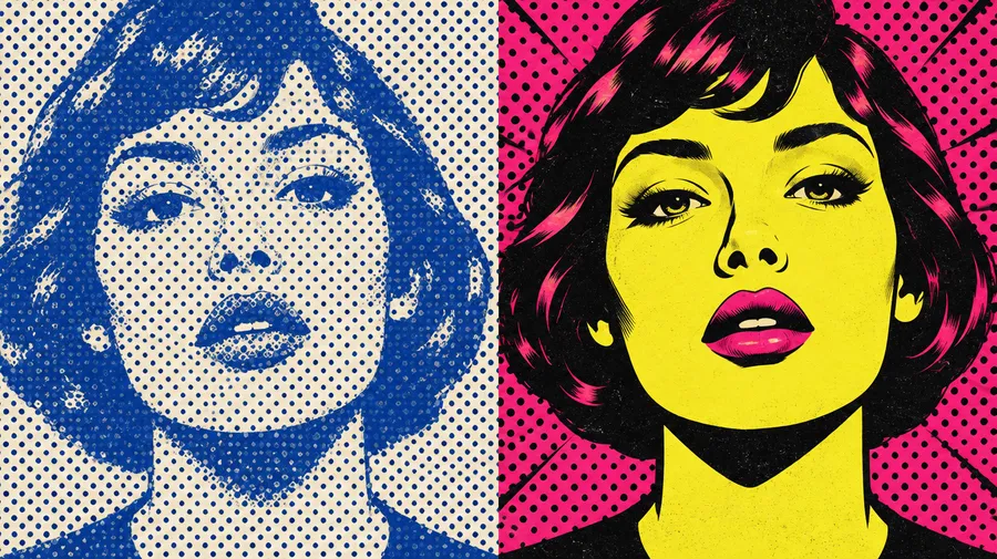 Two pop art versions of one face: blue dot halftone left, yellow and pink right