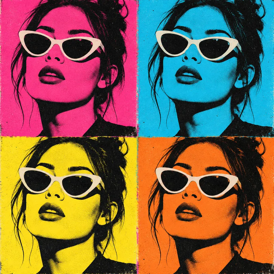 Woman in white sunglasses repeated in a four-panel neon pop art grid