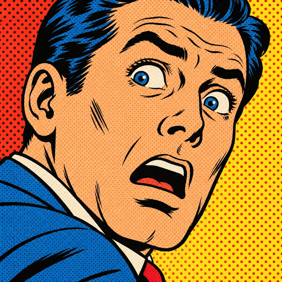 Comic-style close-up of a surprised man with a halftone dot background