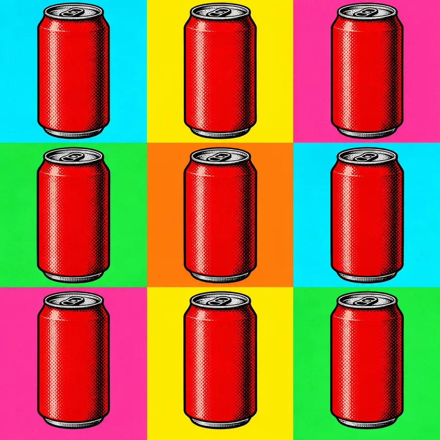 Red soda can repeated in a 3x3 grid on flat colour backgrounds