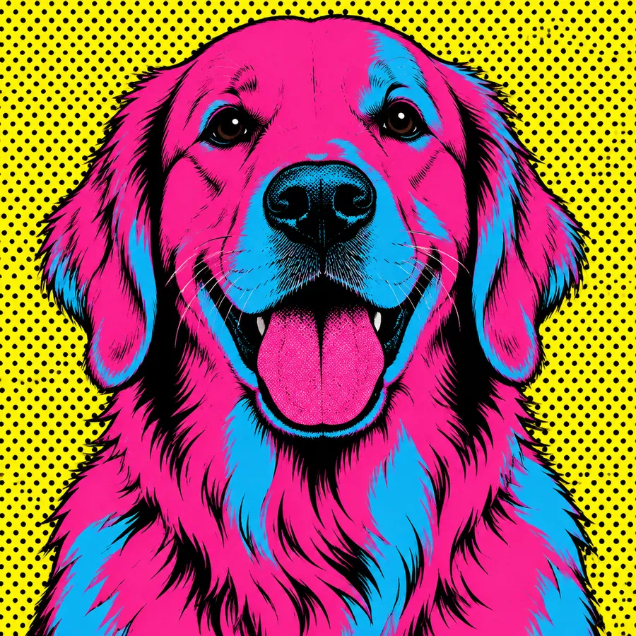 Dog portrait in flat magenta and cyan with a halftone dot background