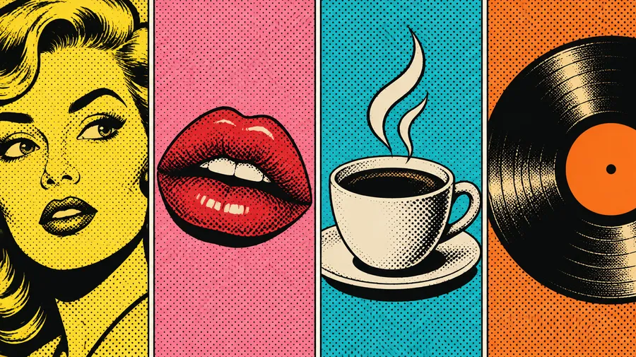 Four pop art panels showing a face, lips, a coffee cup and a vinyl record