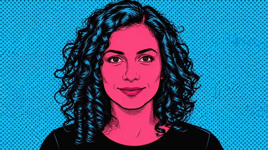 Same woman redrawn in pink and blue pop art with a halftone dot background