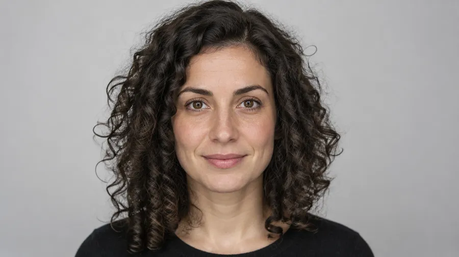 Studio photograph of a woman with curly dark hair on a grey background