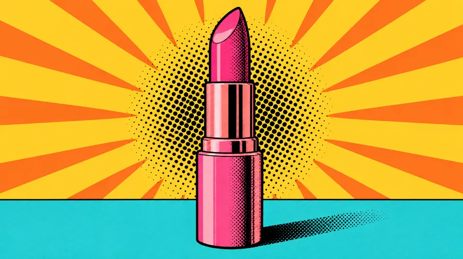 Pink lipstick tube on yellow and turquoise colour blocks with sunburst rays