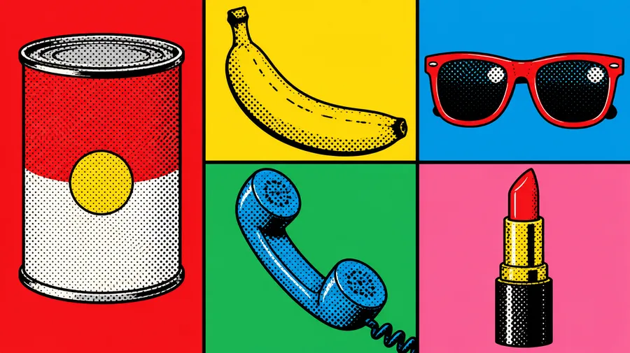 Tin can, banana, sunglasses, telephone handset and lipstick on flat colour panels