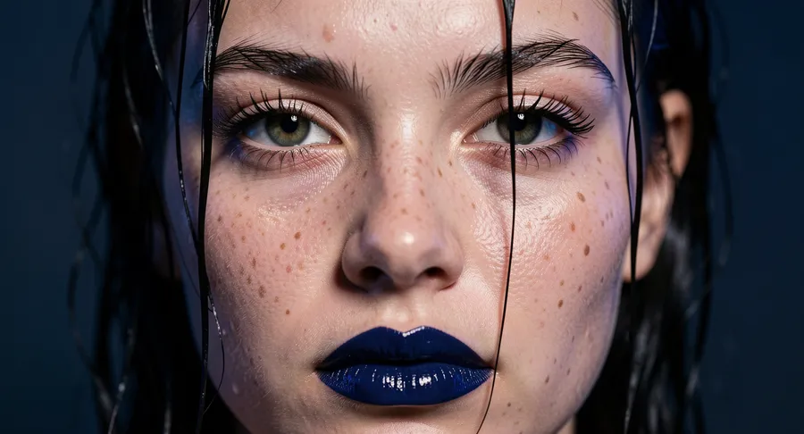 Extreme macro beauty portrait of a young woman with wet dark hair across her face, glossy dark-blue lips and freckled skin under hard flash, generated on getimg.ai with FLUX.2 [klein] for an AI image realism test.
