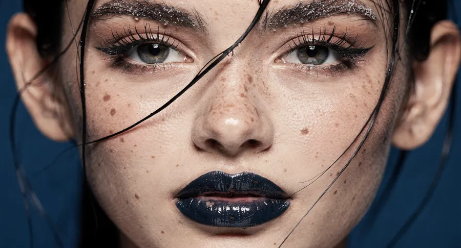 Extreme macro beauty portrait of a young woman with wet dark hair across her face, glossy dark-blue lips and freckled skin under hard flash, generated on getimg.ai with FLUX.2 [max] for an AI image realism test.