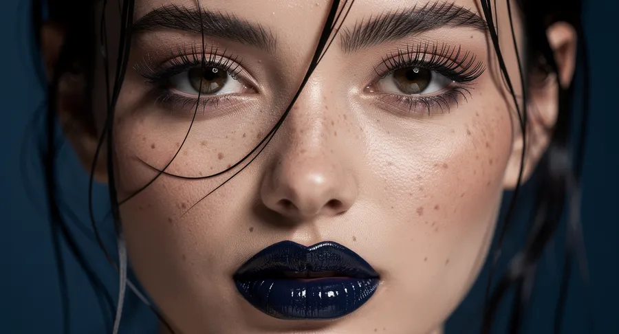 Extreme macro beauty portrait of a young woman with wet dark hair across her face, glossy dark-blue lips and freckled skin under hard flash, generated on getimg.ai with FLUX.2 [pro] for an AI image realism test.