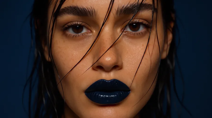 Extreme macro beauty portrait of a young woman with wet dark hair across her face, glossy dark-blue lips and freckled skin under hard flash, generated on getimg.ai with GPT Image 1 for an AI image realism test.