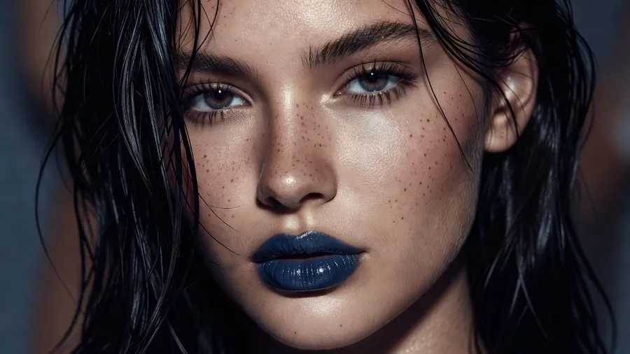 Extreme macro beauty portrait of a young woman with wet dark hair across her face, glossy dark-blue lips and freckled skin under hard flash, generated on getimg.ai with Grok Imagine for an AI image realism test.