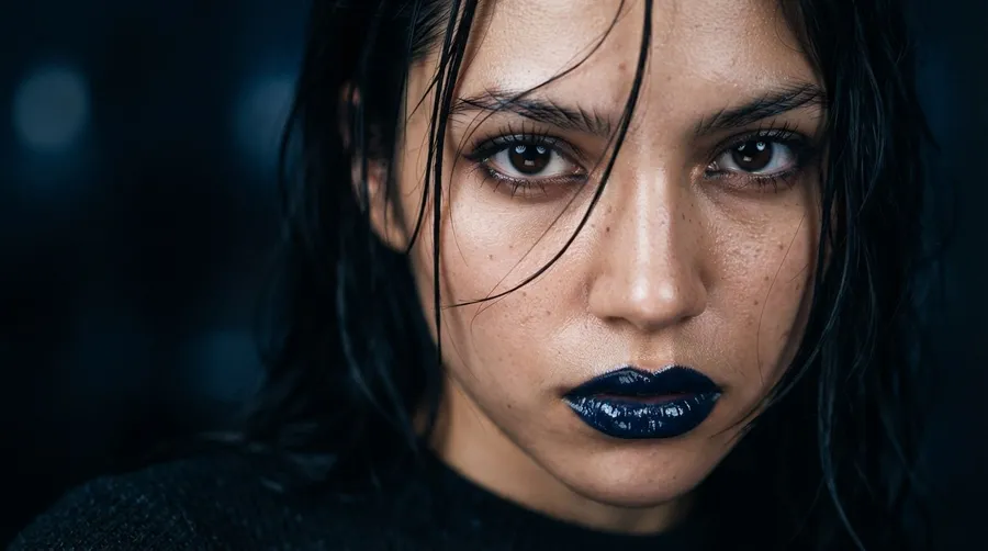 Extreme macro beauty portrait of a young woman with wet dark hair across her face, glossy dark-blue lips and freckled skin under hard flash, generated on getimg.ai with Nano Banana 2 Lite for an AI image realism test.