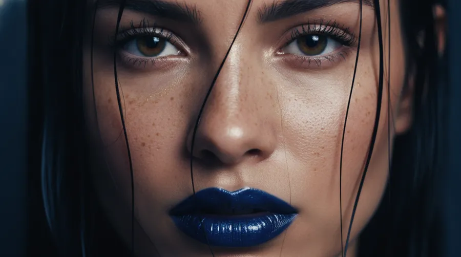 Extreme macro beauty portrait of a young woman with wet dark hair across her face, glossy dark-blue lips and freckled skin under hard flash, generated on getimg.ai with Nano Banana for an AI image realism test.