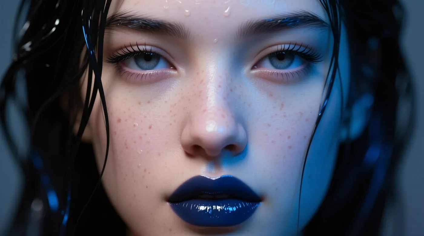 Extreme macro beauty portrait of a young woman with wet dark hair across her face, glossy dark-blue lips and freckled skin under hard flash, generated on getimg.ai with Qwen Image for an AI image realism test.