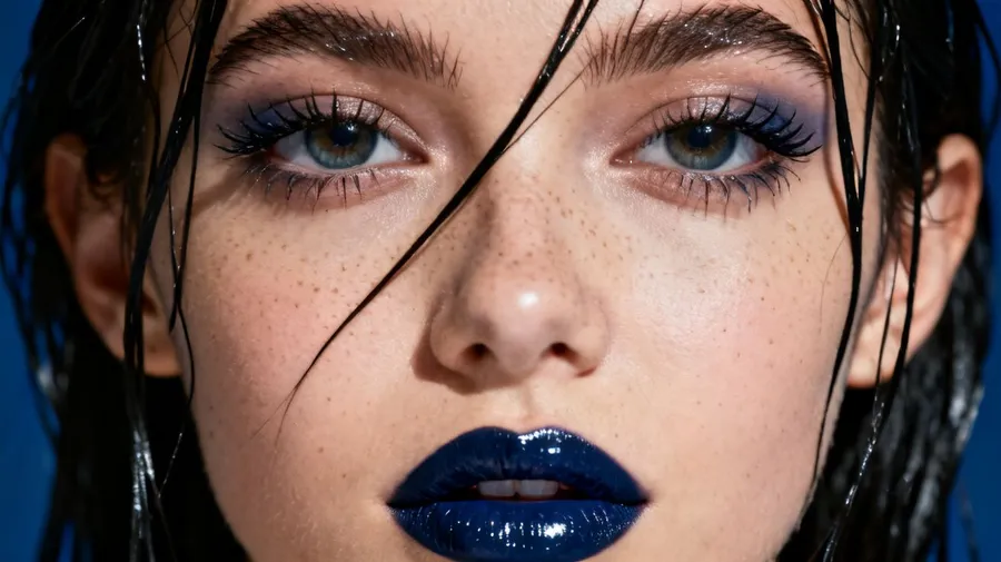 Extreme macro beauty portrait of a young woman with wet dark hair across her face, glossy dark-blue lips and freckled skin under hard flash, generated on getimg.ai with Seedream 4 for an AI image realism test.