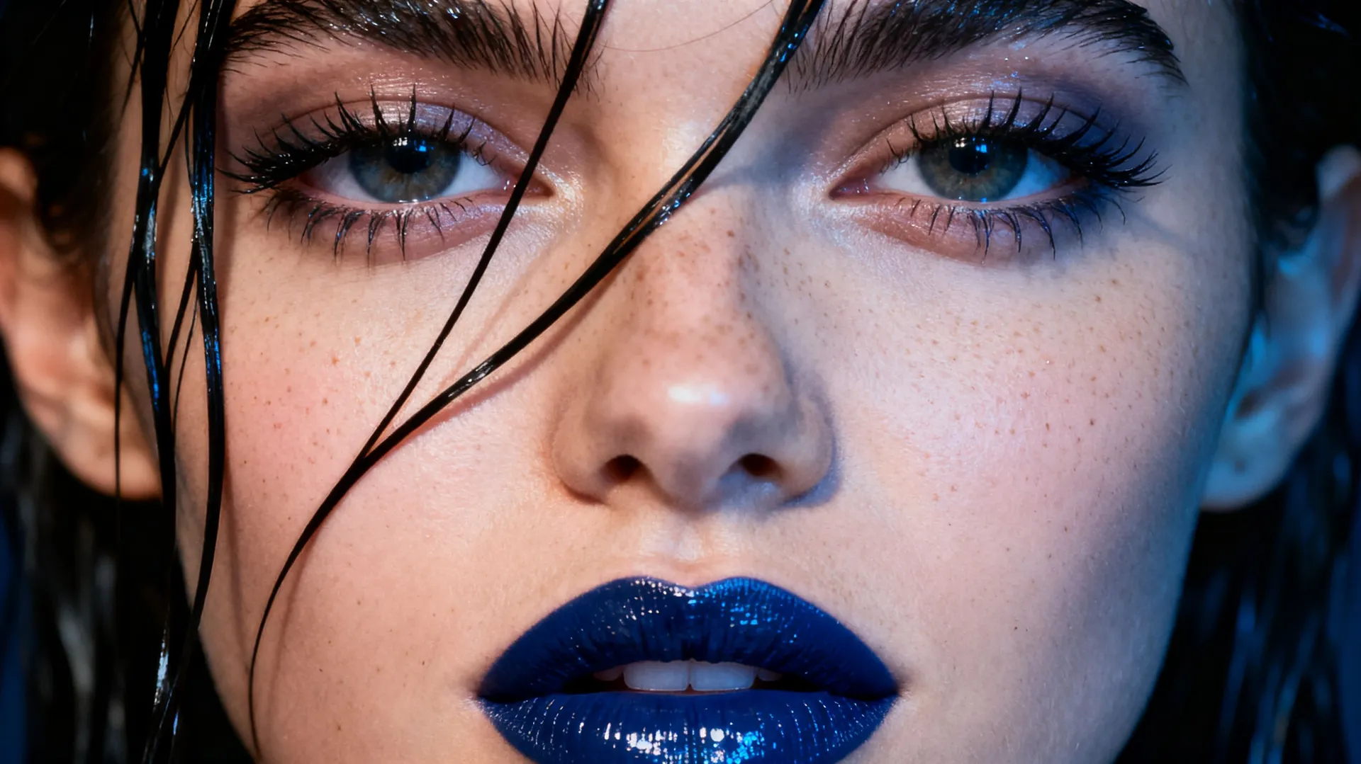 Extreme macro beauty portrait of a young woman with wet dark hair across her face, glossy dark-blue lips and freckled skin under hard flash, generated on getimg.ai with Seedream 4.5 for an AI image realism test.