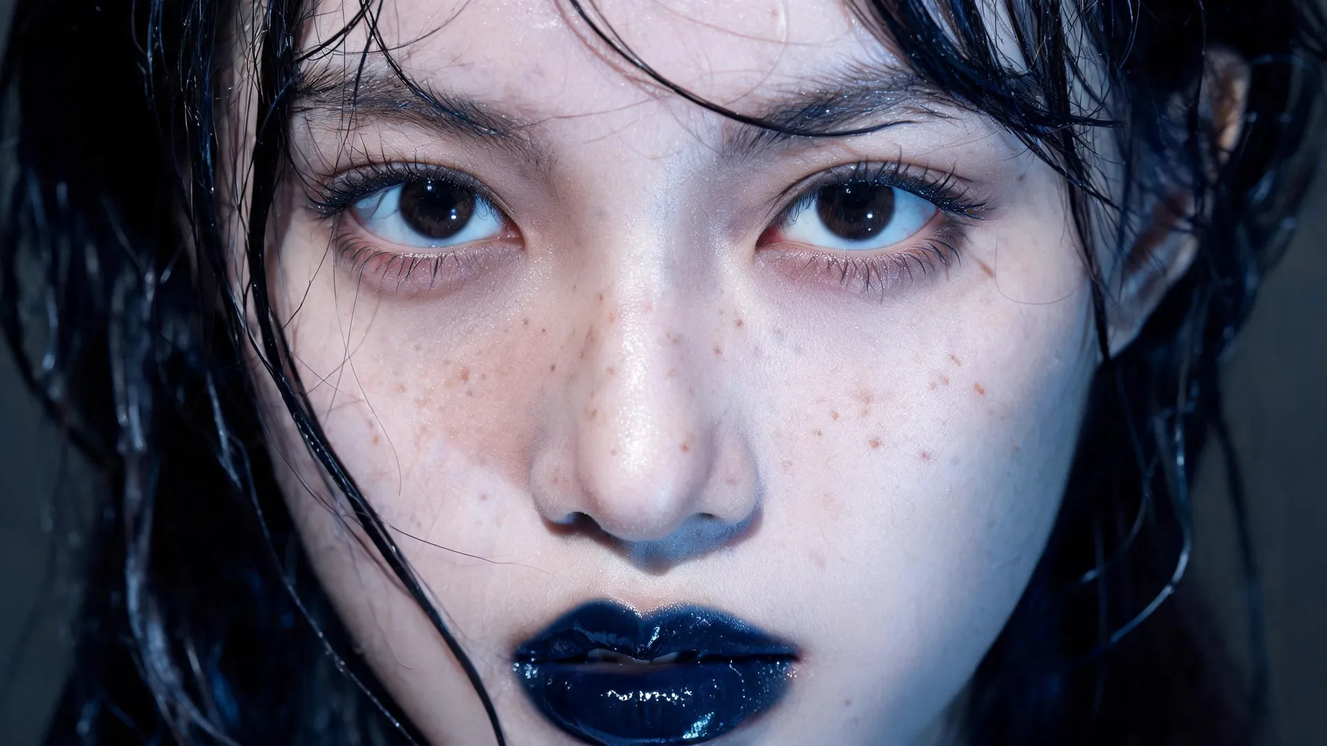 Extreme macro beauty portrait of a young woman with wet dark hair across her face, glossy dark-blue lips and freckled skin under hard flash, generated on getimg.ai with Seedream 5.0 Lite for an AI image realism test.