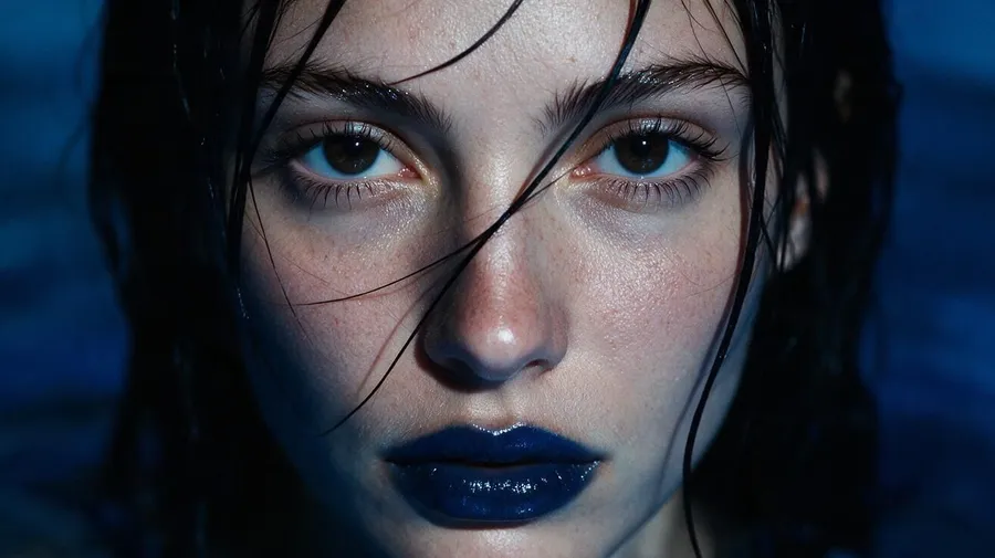 Extreme macro beauty portrait of a young woman with wet dark hair across her face, glossy dark-blue lips and freckled skin under hard flash, generated on getimg.ai with Seedream 5.0 Pro for an AI image realism test.
