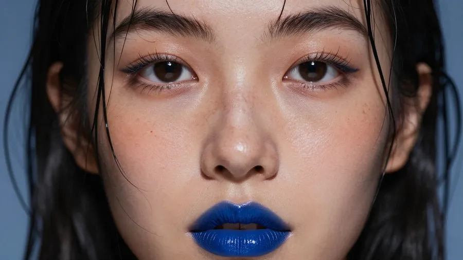 Extreme macro beauty portrait of a young woman with wet dark hair across her face, glossy dark-blue lips and freckled skin under hard flash, generated on getimg.ai with Z-Image Turbo for an AI image realism test.