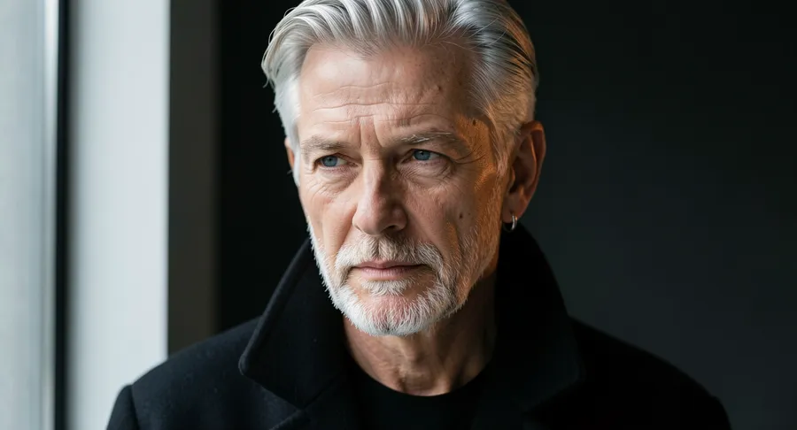 Editorial portrait of a silver-haired man around 64 in a black high-collar coat, lit by soft window light against a charcoal background, generated on getimg.ai with FLUX.2 [klein] for an AI image realism test.