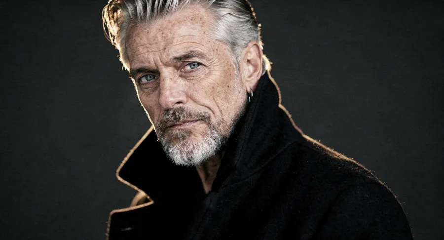 Editorial portrait of a silver-haired man around 64 in a black high-collar coat, lit by soft window light against a charcoal background, generated on getimg.ai with FLUX.2 [max] for an AI image realism test.