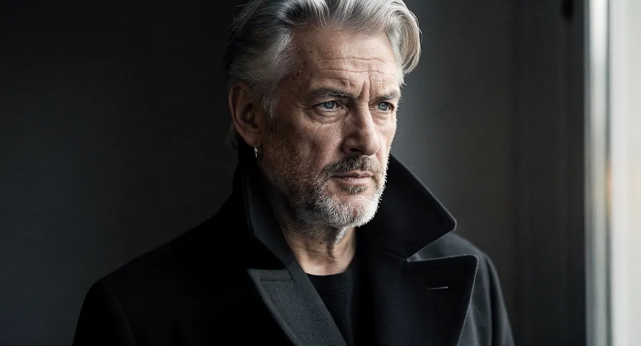 Editorial portrait of a silver-haired man around 64 in a black high-collar coat, lit by soft window light against a charcoal background, generated on getimg.ai with FLUX.2 [pro] for an AI image realism test.