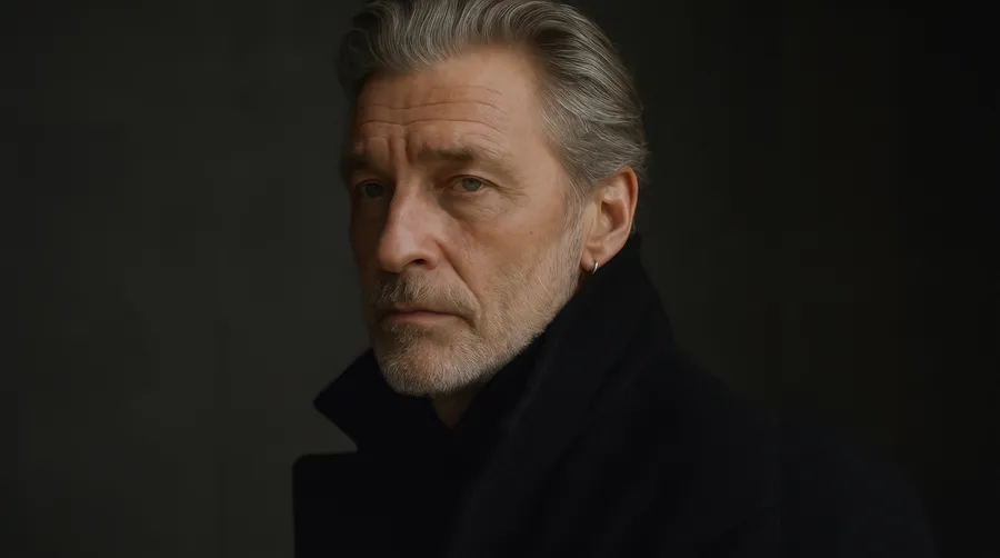 Editorial portrait of a silver-haired man around 64 in a black high-collar coat, lit by soft window light against a charcoal background, generated on getimg.ai with GPT Image 1 for an AI image realism test.