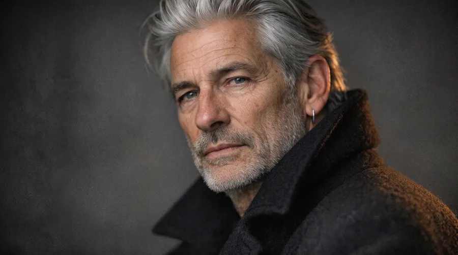 Editorial portrait of a silver-haired man around 64 in a black high-collar coat, lit by soft window light against a charcoal background, generated on getimg.ai with GPT Image 1.5 for an AI image realism test.