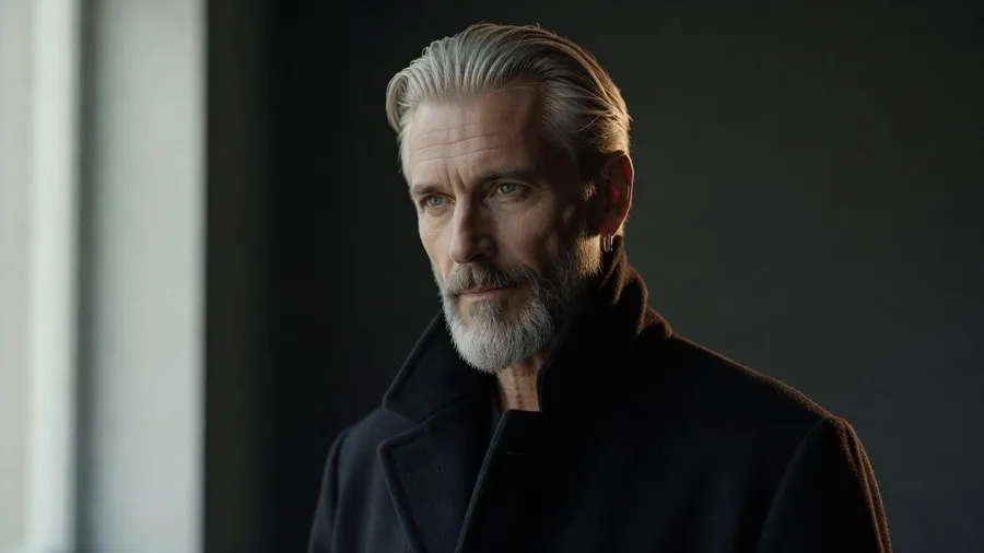 Editorial portrait of a silver-haired man around 64 in a black high-collar coat, lit by soft window light against a charcoal background, generated on getimg.ai with Grok Imagine for an AI image realism test.