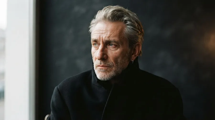 Editorial portrait of a silver-haired man around 64 in a black high-collar coat, lit by soft window light against a charcoal background, generated on getimg.ai with Nano Banana 2 Lite for an AI image realism test.