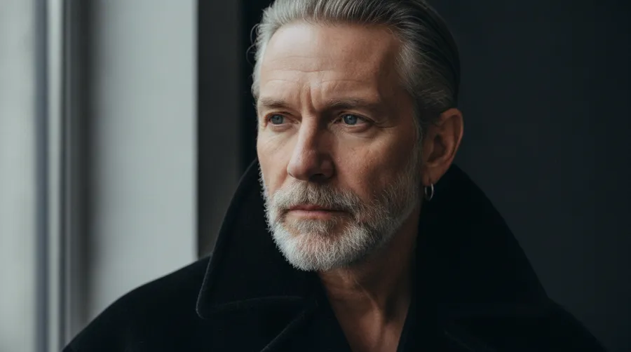 Editorial portrait of a silver-haired man around 64 in a black high-collar coat, lit by soft window light against a charcoal background, generated on getimg.ai with Nano Banana for an AI image realism test.