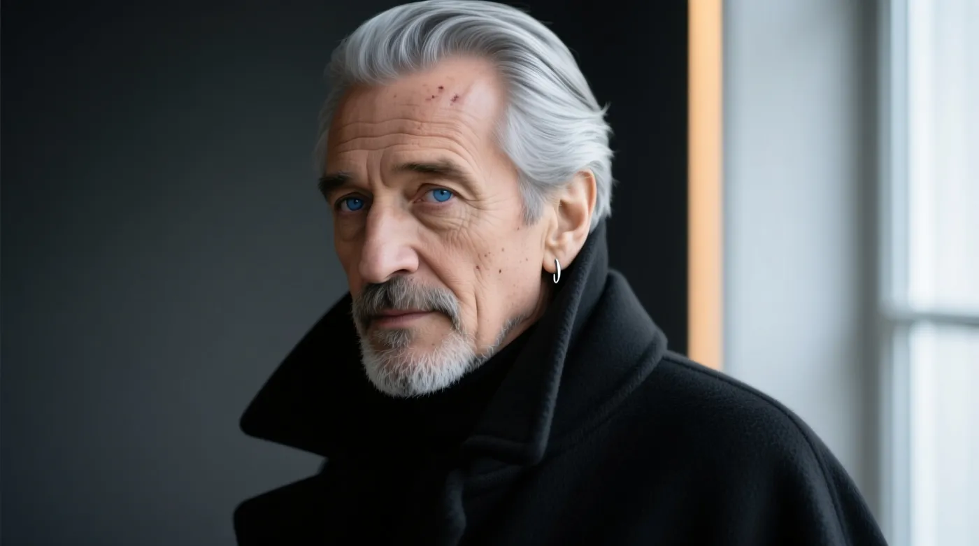 Editorial portrait of a silver-haired man around 64 in a black high-collar coat, lit by soft window light against a charcoal background, generated on getimg.ai with Qwen Image for an AI image realism test.