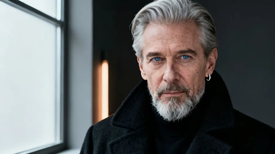 Editorial portrait of a silver-haired man around 64 in a black high-collar coat, lit by soft window light against a charcoal background, generated on getimg.ai with Seedream 4 for an AI image realism test.
