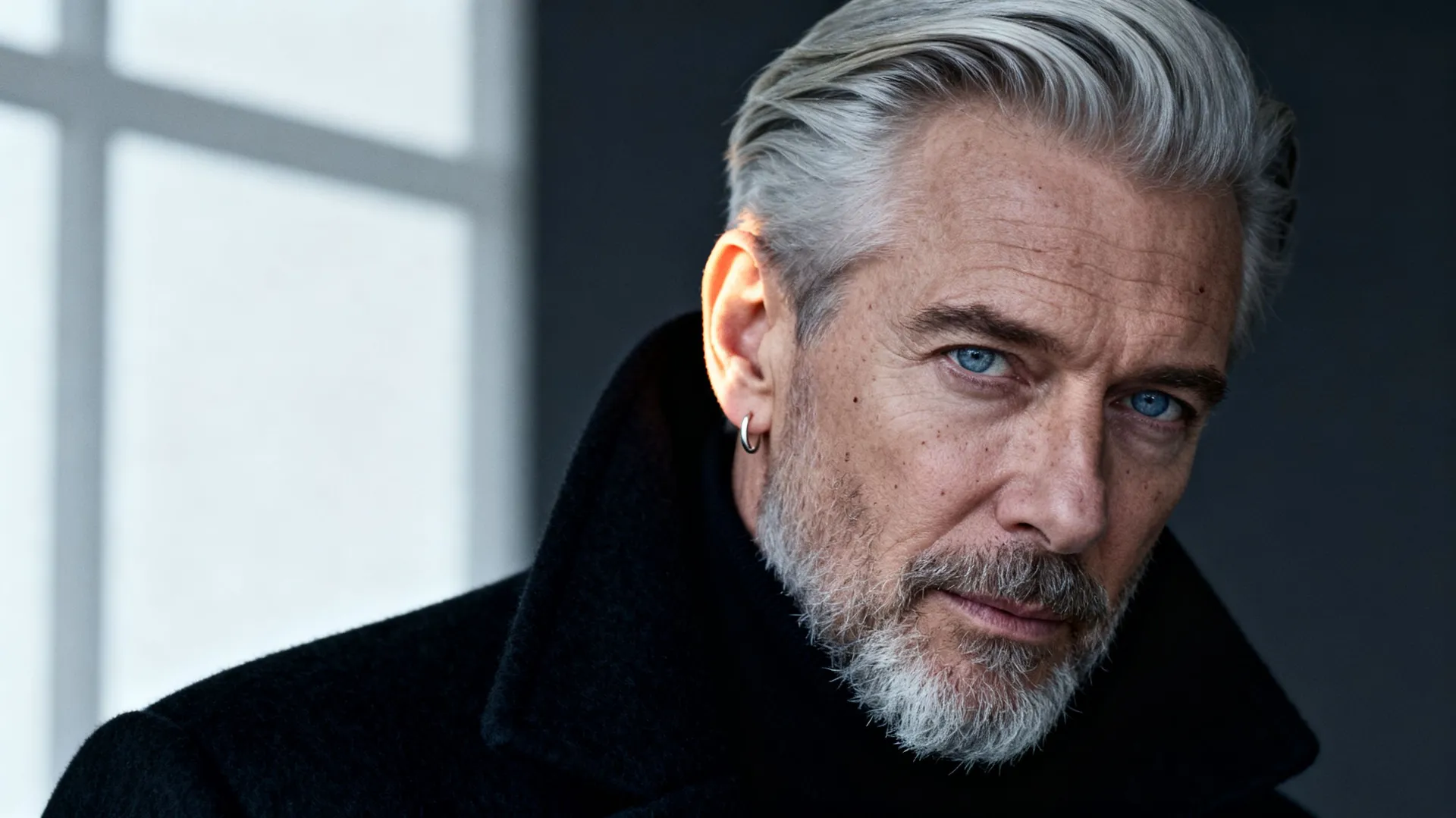Editorial portrait of a silver-haired man around 64 in a black high-collar coat, lit by soft window light against a charcoal background, generated on getimg.ai with Seedream 4.5 for an AI image realism test.