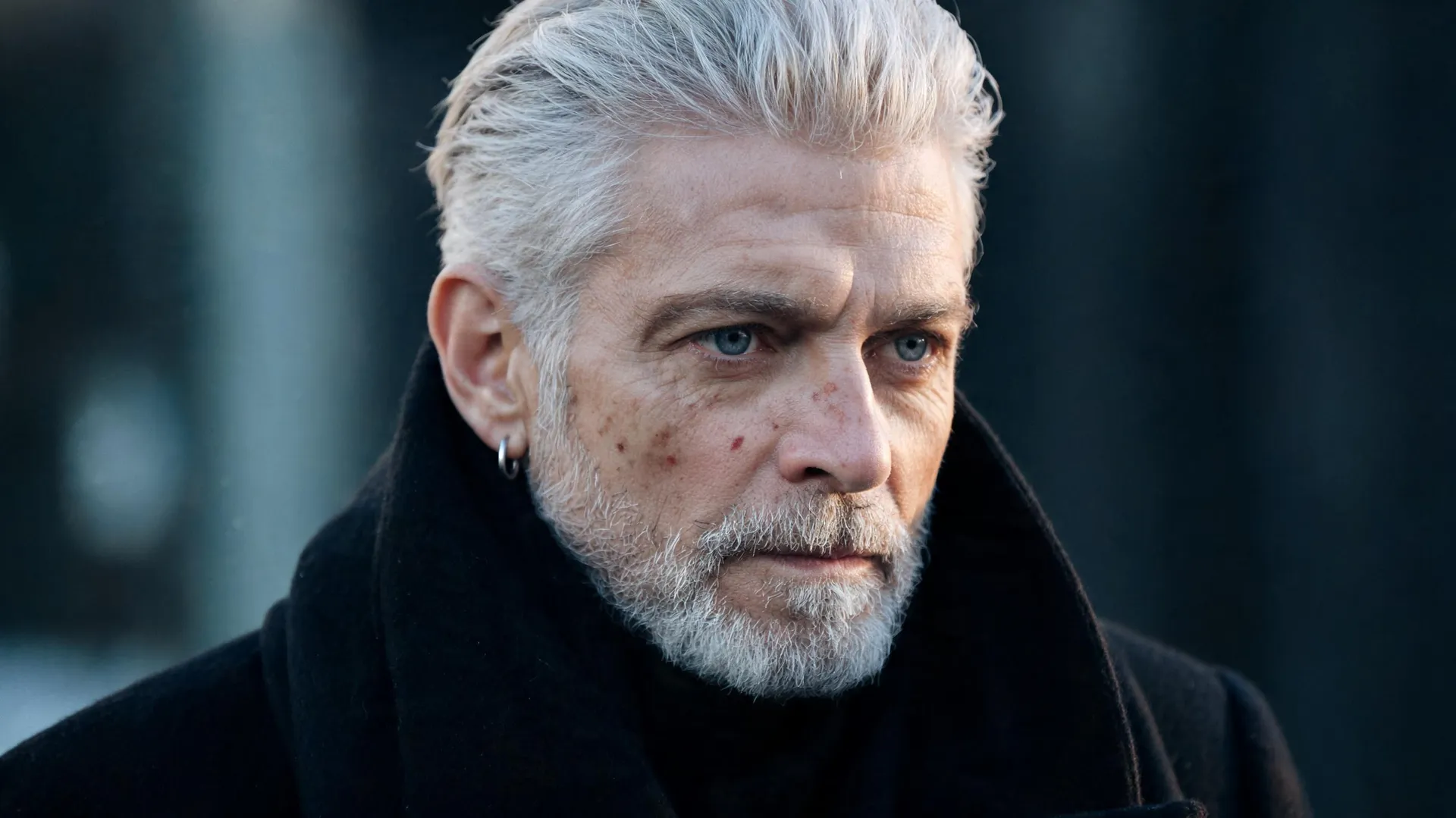 Editorial portrait of a silver-haired man around 64 in a black high-collar coat, lit by soft window light against a charcoal background, generated on getimg.ai with Seedream 5.0 Lite for an AI image realism test.
