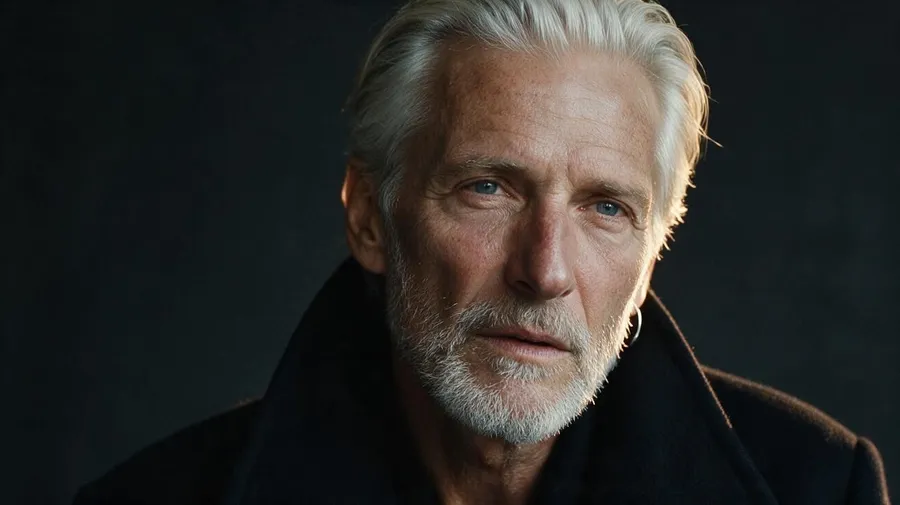 Editorial portrait of a silver-haired man around 64 in a black high-collar coat, lit by soft window light against a charcoal background, generated on getimg.ai with Seedream 5.0 Pro for an AI image realism test.